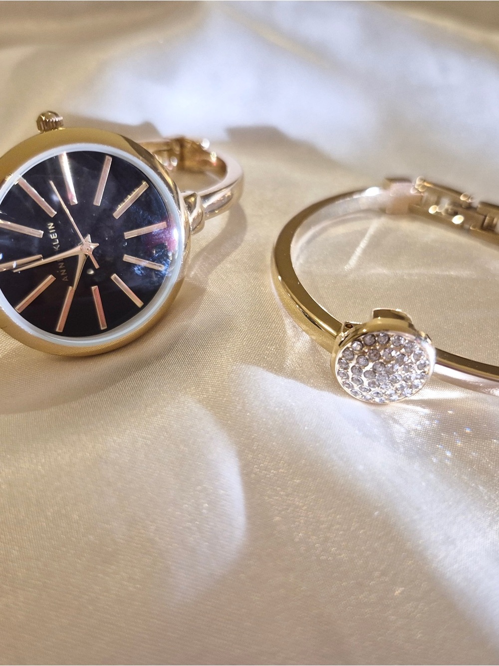 Anne Klein Gold Tone Watch with Black Dial and Crystal Accent Bangle